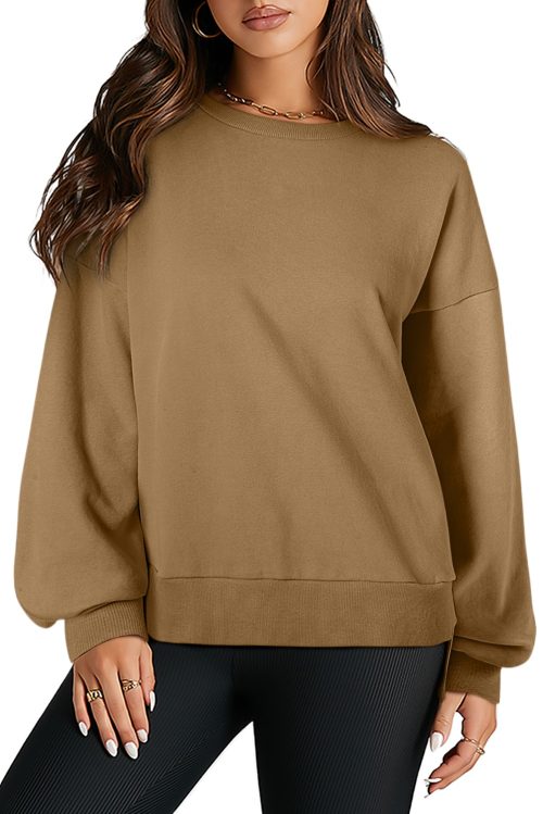 Women's Classic Brown Pullover Sweatshirt with O Neck and High-Low Hem