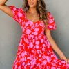 Women's Red Floral Bubble Sleeve Sweetheart Neck Ruffled Mini Dress - Image 11