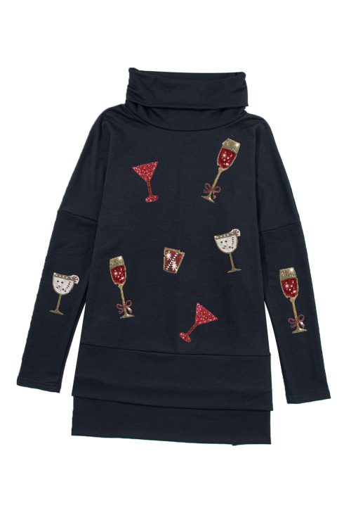 Women's Black Dolman Sleeve High Neck Split Top with Drinks Patched Graphic