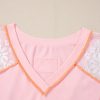 Women's Light Pink Lace Patchwork V Neck T-Shirt with Exposed Seams - Image 12