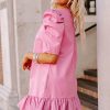 Pink Pleather Ruffled Hem Mini Dress with Bubble Sleeve and V Neck - Image 5