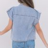 Women's Dusk Blue Denim Pinup Folded Cap Sleeve Shirt - Stylish Cropped Blouse - Image 2