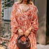 Plus Size Orange Floral Print Split V Neck Bubble Sleeve Midi Dress - Image 3