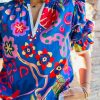 Women's Blue Abstract Print Frilled Collar Ruffled Puff Short Sleeve Top - Image 6
