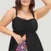 Plus Size Women's Black Drawstring Tied Front Flared Tankini Set with Geometric Print Bottom - Image 5