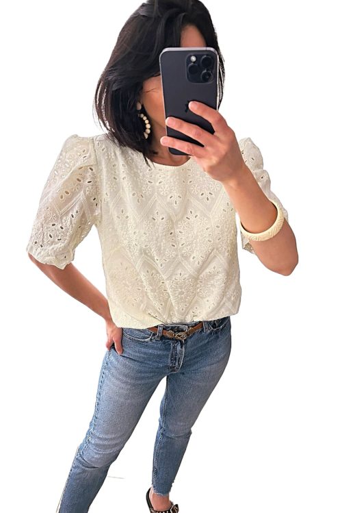 Elegant Beige Eyelet Embroidered Half Sleeve Blouse for Women