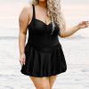 Women's Black Plus Size Solid Pleated Ruffled One Piece Swim Dress for Beach Days - Image 12