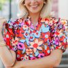 Women's Brown Flower Print Self Tie Frilled Collar Puff Sleeve Blouse - Image 12