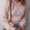 Women's Gossamer Pink Openwork Plaid Puff Sleeve Cropped Sweater - Image 5