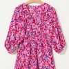 Women's Pink Abstract Print Puff Sleeve V Neck High Waist Romper for Summer Vacations - Image 3