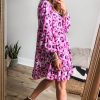 Women's Rose Leopard Print Buttoned Front Mini Dress with 3/4 Flounce Sleeves - Image 2