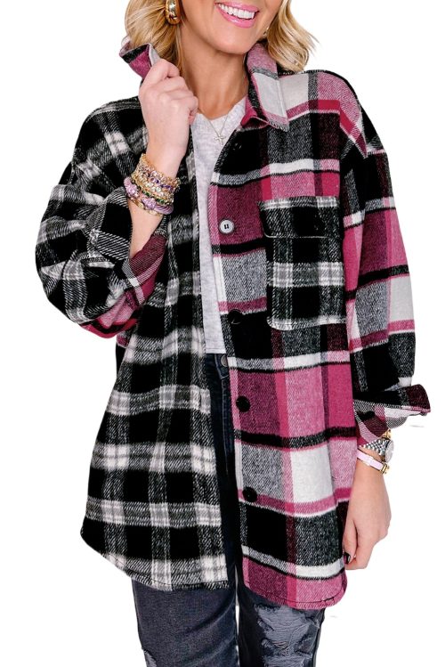 Women's Black Plaid Colorblock Loose Fit Shacket