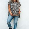 Women's Khaki Leopard Contrast Trim Short Sleeve Loose Plus Size Top - Image 7