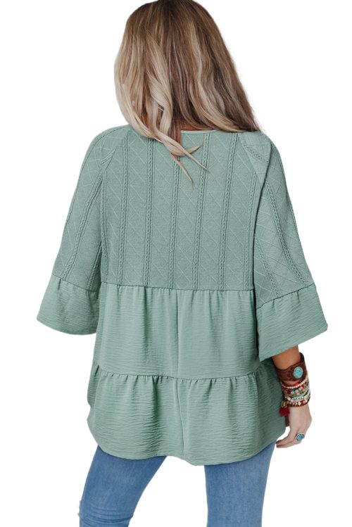 Women's Laurel Green Tie Split Neck Textured Ruffle Patchwork Blouse