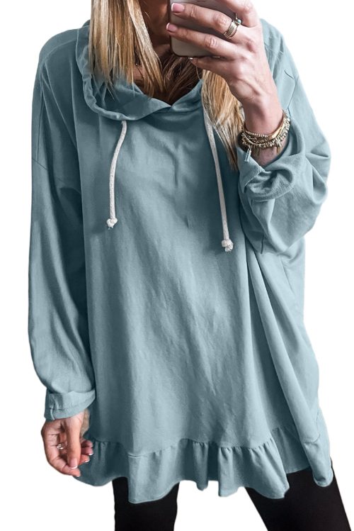 Women's Iceland Blue Ruffled Hem Loose Fit Tunic Hoodie