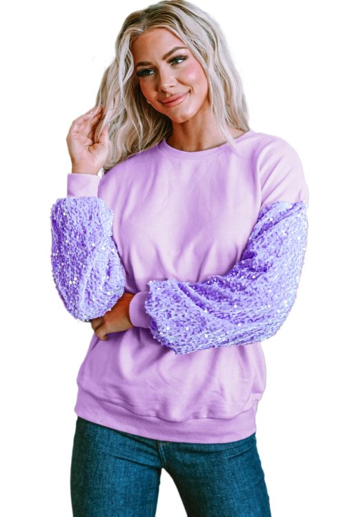 Women's Orchid Petal Sequin Patchwork Long Sleeve Pullover Top - Stylish and Versatile