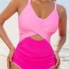 Chic Rose Red Ric Rac Trim Cutout One Piece Swimsuit with Contrasting Patchwork Design - Image 9