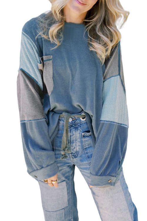 Women's Dusk Blue Colorblock Long Sleeve Top with Patchwork Detailing