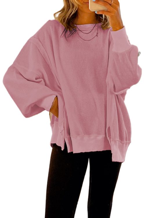 Women's Oversized Pink Waffle Knit Bishop Sleeve Sweatshirt