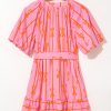 Women's Pink Bowknot Striped Printed Bubble Sleeve Mini Dress with Belt - Image 6