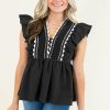 Women's Black Contrast Ricrac Trim Ruffled V Neck Peplum Top for a Chic Look - Image 3