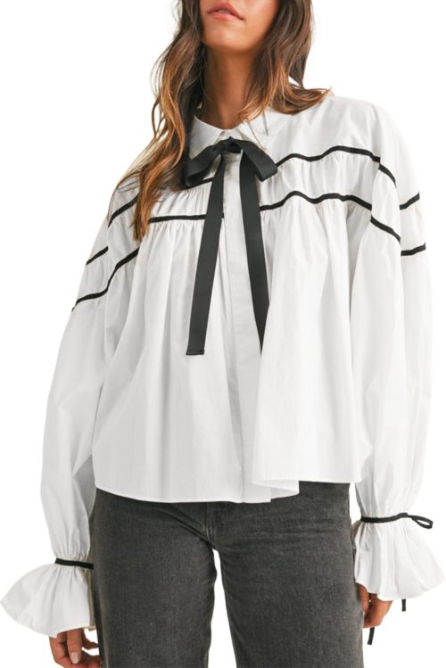 Women's Elegant White Shirt with Black Pipping, Ribbon Bowtie, and Ruffled Puff Sleeves