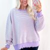 Women's Purple Stripe Loose Drop Shoulder Long Sleeve Top for Casual Wear - Image 9