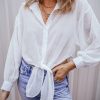 Women's White Loose Fit Knotted Front Sheer Shirt - Image 2