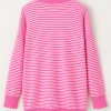 Women's Pink Striped Scallop V Neck Loose Sweater with Side Slits - Image 15