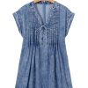 Women's Beau Blue Tie V Neck Denim Shift Dress with Tucking Detail and Pockets - Image 36