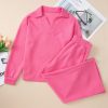 Bonbon Pink Textured V Neck Top and Wide Leg Pants Set for Women - Image 6