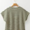 Women's Green Stripe Textured Crew Neck T-Shirt with Side Slits - Image 7