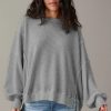 Women's Gray Waffle Knit Bishop Sleeve Oversized Top - Chic and Cozy - Image 3