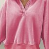 Women's Oversized Pink Solid Snap Buttons Collared Balloon Sleeve Sweatshirt - Image 3