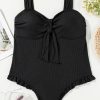 Chic Black Plus Size Textured Knotted Ruffled Trim One Piece Swimwear for Women - Image 13