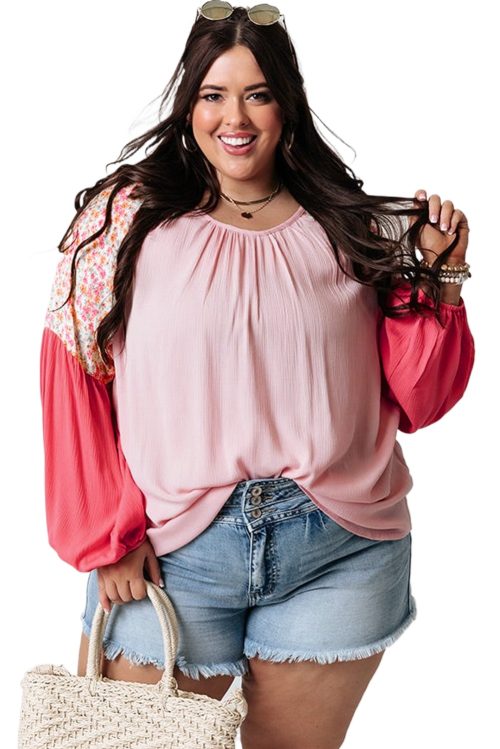 Women's Plus Size Pink Contrast Floral Patchwork Long Sleeve Blouse