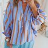 Women's Sky Blue Stripe Crinkled Ruffled Sleeve Button Up Loose Shirt - Image 5