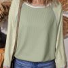 Women's Meadow Mist Green Waffle Knit Patchwork Raglan Top with Wide Bracelet Sleeves - Image 6