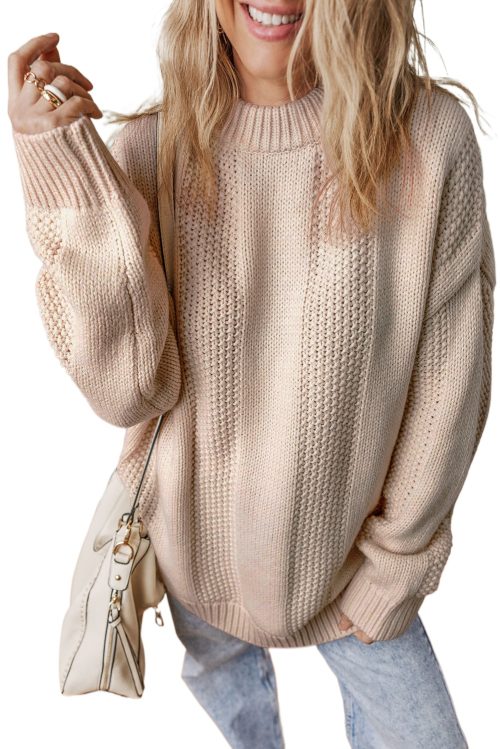 Women's Pale Khaki Solid Color Cable Knit Ribbed Loose Sweater - Cozy and Stylish