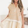 Women's Khaki Stripe Two-in-One Collared Cap Sleeve Mini Dress - Trendy Patchwork Design - Image 3