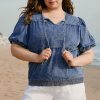 Women's Plus Size Sail Blue Drawstring V Neck Puff Sleeve Denim Blouse - Image 8