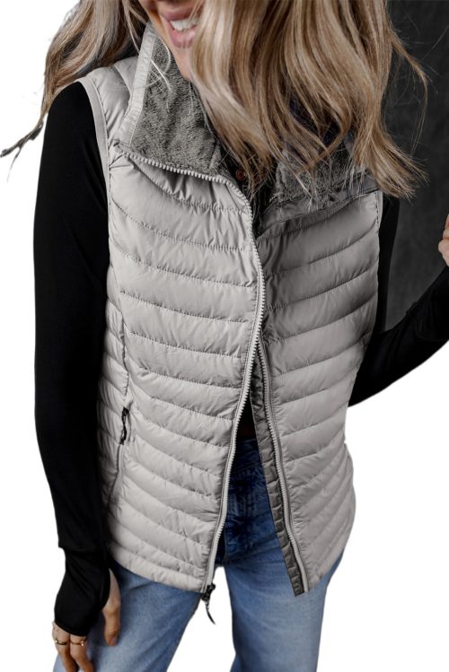 Women's Silvery Plush Collared Quilted Zipped Puffer Vest for Casual Layering