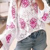 Women's White Contrast Floral Print Eyelet Drop Shoulder Sweater - Image 2