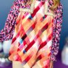 Women's Rose Red Abstract Geometric Patchwork Puff Sleeve Blouse - Image 2