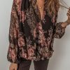 Women's Black Floral Print Criss Cross V Neck Balloon Sleeve Blouse - Image 6