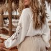 Women's White Embroidered Textured Buttoned Crew Neck Shirt with Puff Sleeves - Image 3