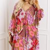 Plus Size Rose Mixed Floral Long Sleeve V Neck Lace-Up Dress with Hollowed Back - Image 3