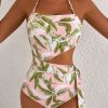 Women's Pink Tropical Asymmetric Cut-Out Halter Backless One Piece Swimwear - Image 8