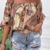 Women's Apricot Paisley Printed Off Shoulder Blouse with Ruffled Draped Sleeves - Image 11