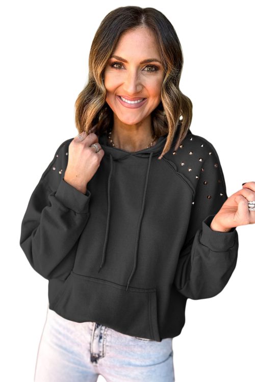 Women's Black Solid Color Rivet Stud Hoodie with Pocket